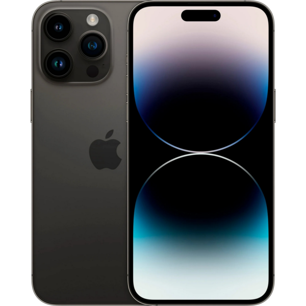 En iPhone 14 Pro Max 128GB Svart Jättebra Skick Batteri 100% visas från baksidan och framsidan, med ett trippelkamerasystem, Apple-logotypen och en skärm med en dynamisk gradient cirkulär bakgrundsbild.