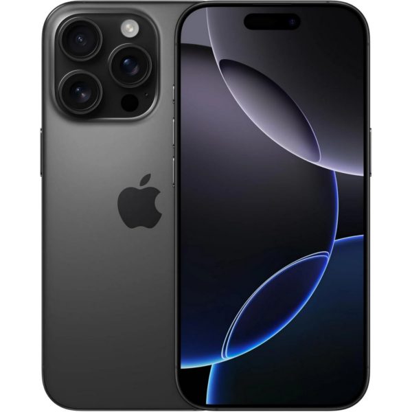 Fram- och baksida av iPhone 16 Pro 128GB Desert Titanium Premium Skick. Baksidan har tre kameror och en Apple-logotyp, medan framsidan visar en modern abstrakt tapet på skärmen.