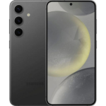 Samsung S24 Plus 256GB Jättebra Skick visas i svart från fram- och baksidan, med tre vertikalt inriktade bakre kameror, en stor skärm med en centrerad hålkamera på framsidan och abstrakt cirkulär tapet.