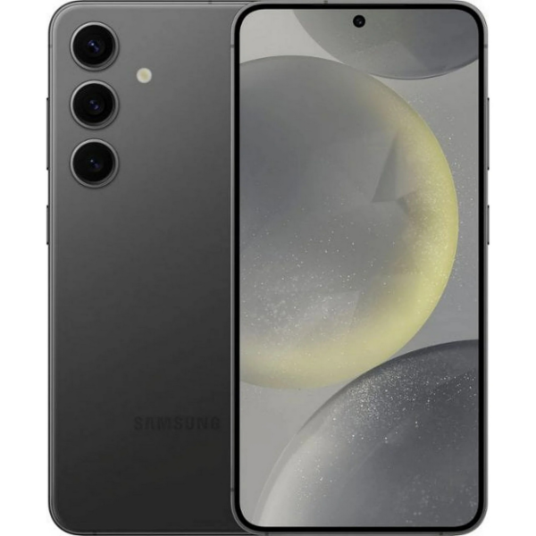 Samsung S24 Plus 256GB Jättebra Skick visas i svart från fram- och baksidan, med tre vertikalt inriktade bakre kameror, en stor skärm med en centrerad hålkamera på framsidan och abstrakt cirkulär tapet.