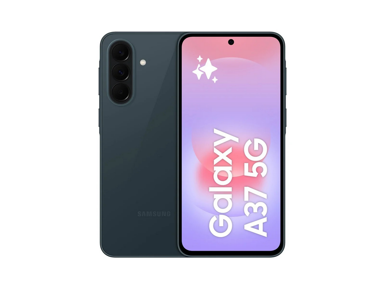 En Samsung Galaxy A37 5G-smartphone visas i svart, med en enhet vänd framåt som visar "Galaxy A37 5G" på skärmen och en annan som visar baksidan med tre vertikalt inriktade kameror.