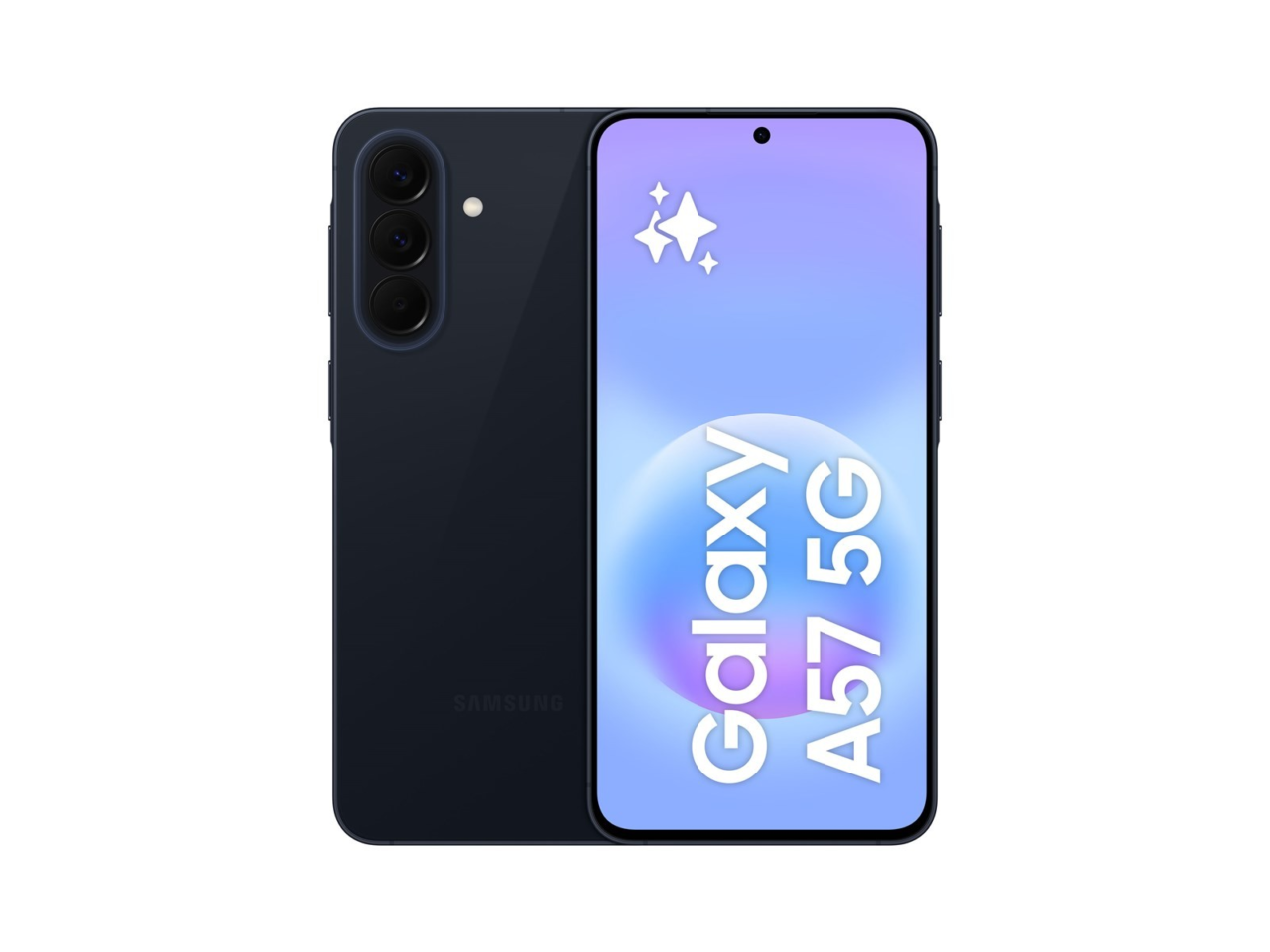 En Samsung Galaxy A57 5G smartphone i svart, som visar både fram- och baksidan. Den främre skärmen läser "Galaxy A57 5G" med en färgglad gradientbakgrund och gnistrar; baksidan visar en trippel kamerainställning.