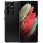 En svart Samsung Galaxy S21 Ultra smartphone, som visar både baksidan med flera kameralinser och framsidan som visar en abstrakt färgstark tapet.