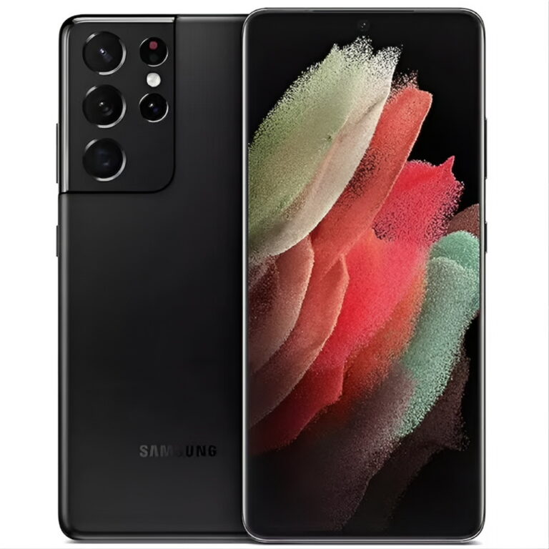 En svart Samsung Galaxy S21 Ultra smartphone, som visar både baksidan med flera kameralinser och framsidan som visar en abstrakt färgstark tapet.
