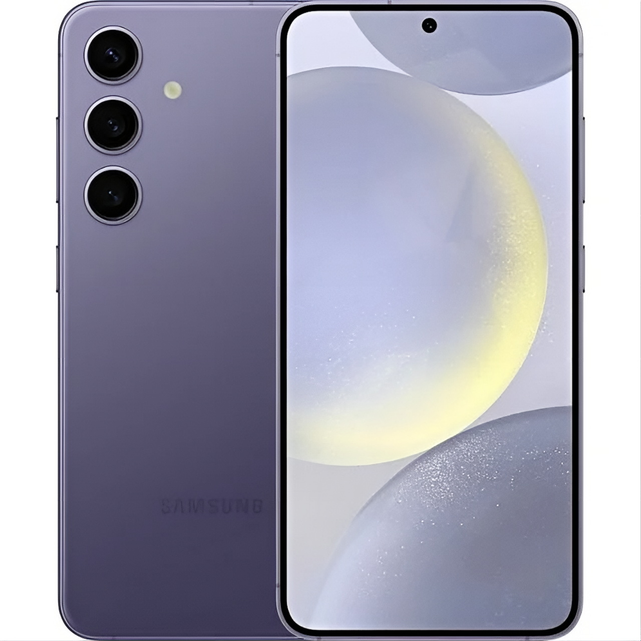 En Samsung S24 5G 256GB i Marbel Grey Utmärkt är avbildad framifrån och bakifrån och visar upp tre vertikalt inriktade bakre kameror, en stor skärm med en centrerad hålkamera och abstrakta bubblor på skärmen.