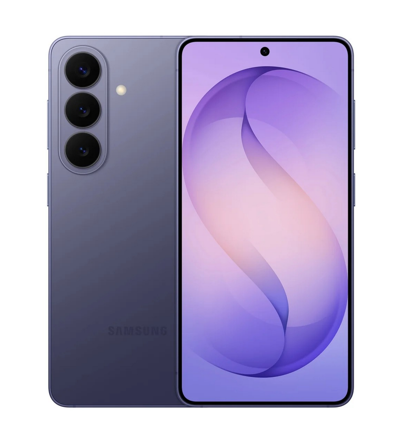 En Samsung smartphone i violett med tre bakre kameror och en stor frontdisplay som visar en lila abstrakt tapet. Den främre kameran är centrerad längst upp på skärmen.