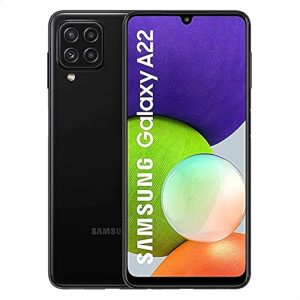 En Samsung Galaxy A22 smartphone i svart, som visar baksidan med fyra kameror och framsidan med skärmen som visar färgglad grafik och texten "Samsung Galaxy A22.