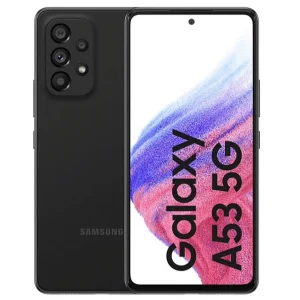 Fram- och baksida av en svart Samsung Galaxy A53 5G smartphone, med fyra kameror på baksidan och modellnamnet i stor text på skärmen med en färgglad abstrakt bakgrund på framsidan.